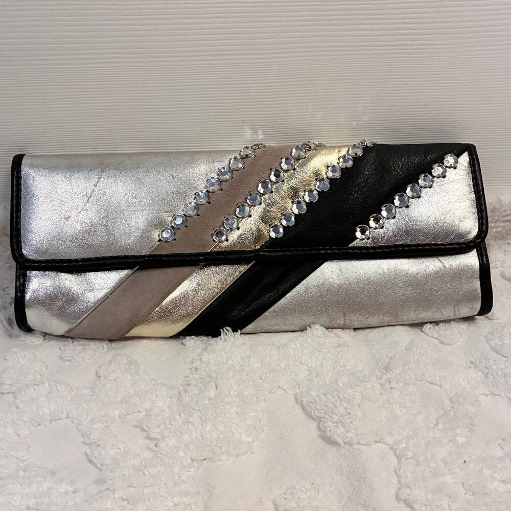 Suzy Smith Metallic Gold Silver Rhinestone Embossed Leather Clutch  Handbag